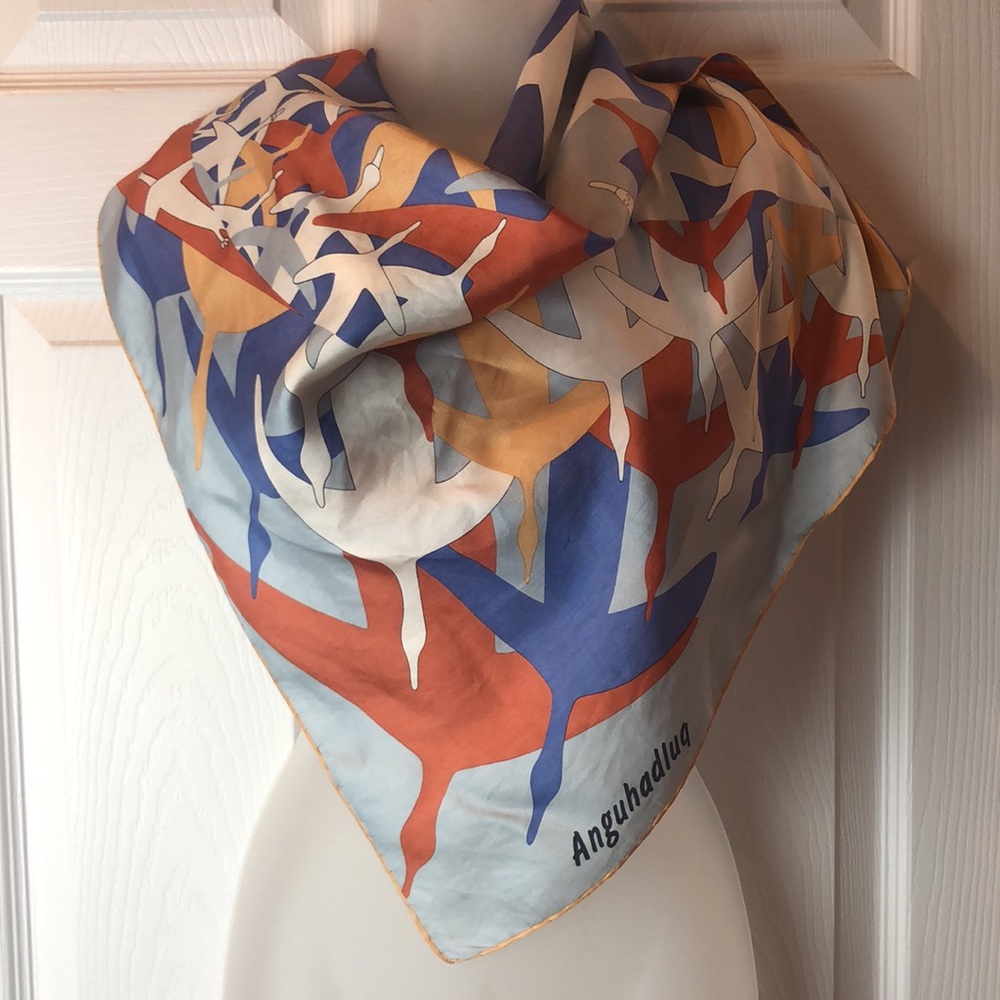 VTG Luke Anguhadluq, Inuit artist, 1895-1982 Flying Geez  Silk Scarf Hand rolled